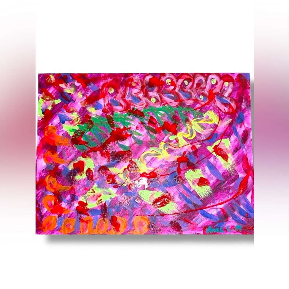 Original Abstract Painting Colorful Red Pink High Energy Canvas Art 12x9